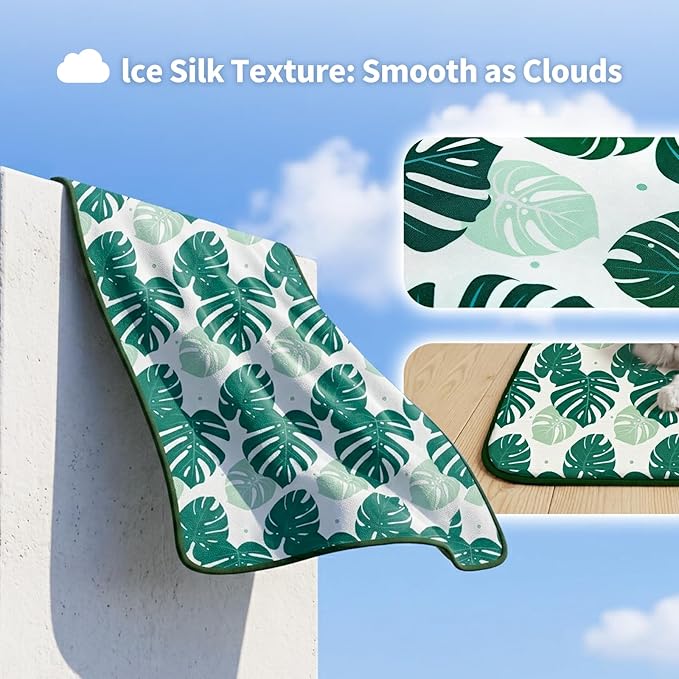 NWK Pet Cooling Mat -Q-Max>0.345 Ice Silk Cooling Mat for Dogs & Cats Portable & Washable Pet Cooling Blanket, Car Seats, Beds for Summer (Green Leaf, 20'' X 16'' X 0.3'')