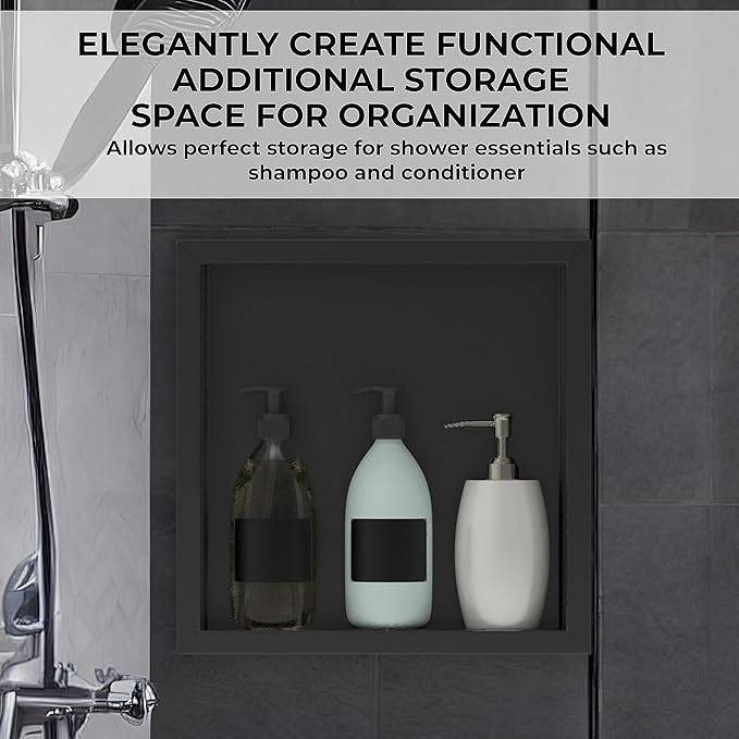 12"x12" Shower Niche Matte black stainless steel waterproof recessed wall mounted Insert Storage Shower caddy with a 10.5"x10.5" inside storage usage, no tile needed