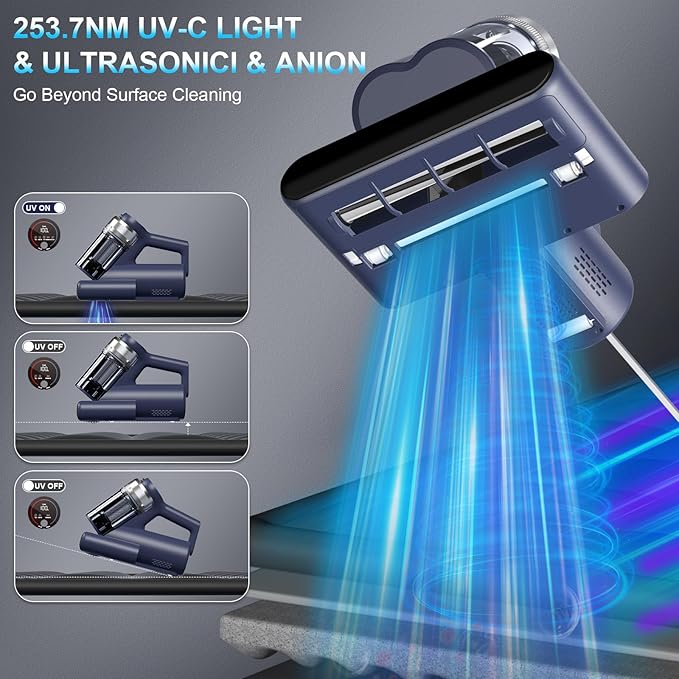 Mattress Vacuum Bed Vacuum Cleaner with 253.7nm UV-C Light, Hyper Helix Motor with 16kPa Strong Suction & 33000 RPM/Min Tapping, HEPA Filter, 149℉ Heat & Ultrasonic & Anion for Bed and Pet.