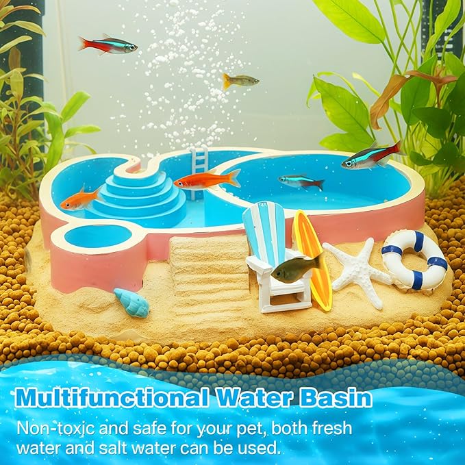 Gerrii Hermit Crab Water Bowl with Climbing Ramp, 2 Compartments Resin Hermit Crab Water Bathing Pool Accessories Food Dish Seashell Reptile Climbing Habitat Platform for Lizard Frog Gecko