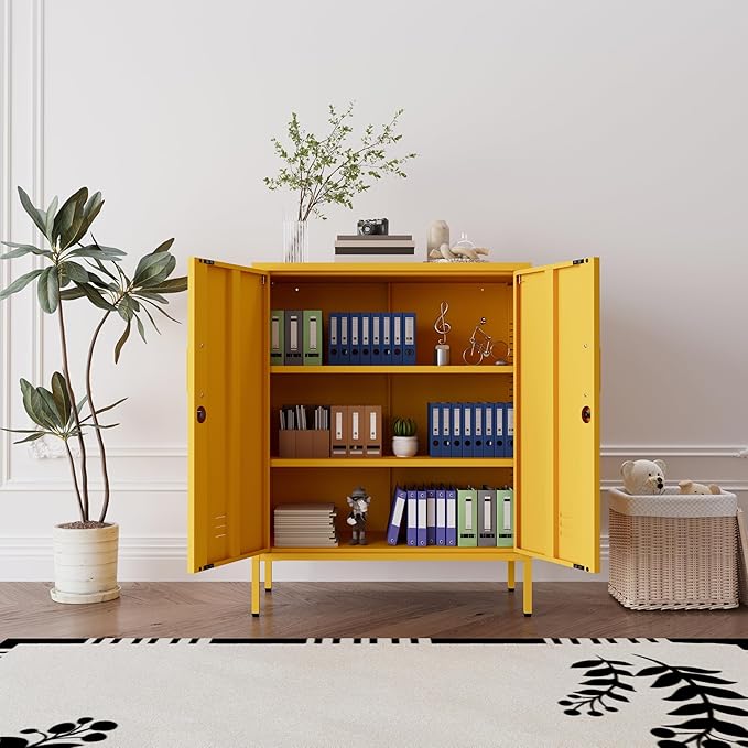 Yellow Heavy Duty Metal Storage Cabinet, Multifunctional Lockable Cabinet with 3 Adjustable Shelves, Secure Industrial Organizer for Home Office School, Easy Assembly, 40" H x 31.5" W x 15" D
