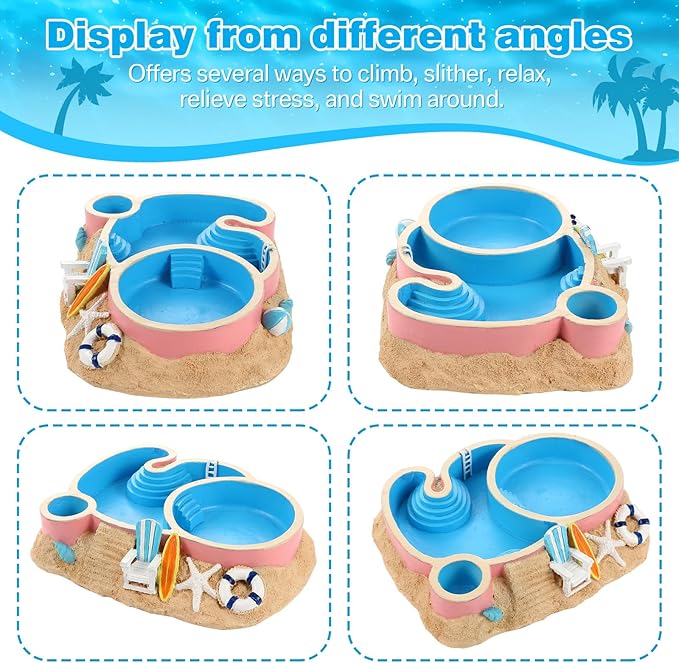 Gerrii Hermit Crab Water Bowl with Climbing Ramp, 2 Compartments Resin Hermit Crab Water Bathing Pool Accessories Food Dish Seashell Reptile Climbing Habitat Platform for Lizard Frog Gecko
