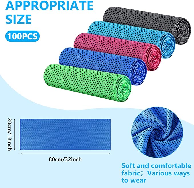Shellwei 100 Pcs Cooling Towels Bulk 32 x 12 Inch Ice Towel Bulk Cooling Rag for Face and Neck Soft Breathable Microfiber Cloth Chilly Quick Cold for Gym Sport Golf Running Stay Cold (Multicolor)