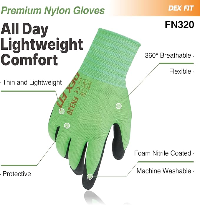 DEX FIT Premium Nylon Nitrile Work Gloves FN320, 3 Pairs, 3D-Comfort Stretchy Fit, Firm Grip, Thin & Lightweight, Durable, Breathable & Cool, Machine Washable; Green 6 (XS)