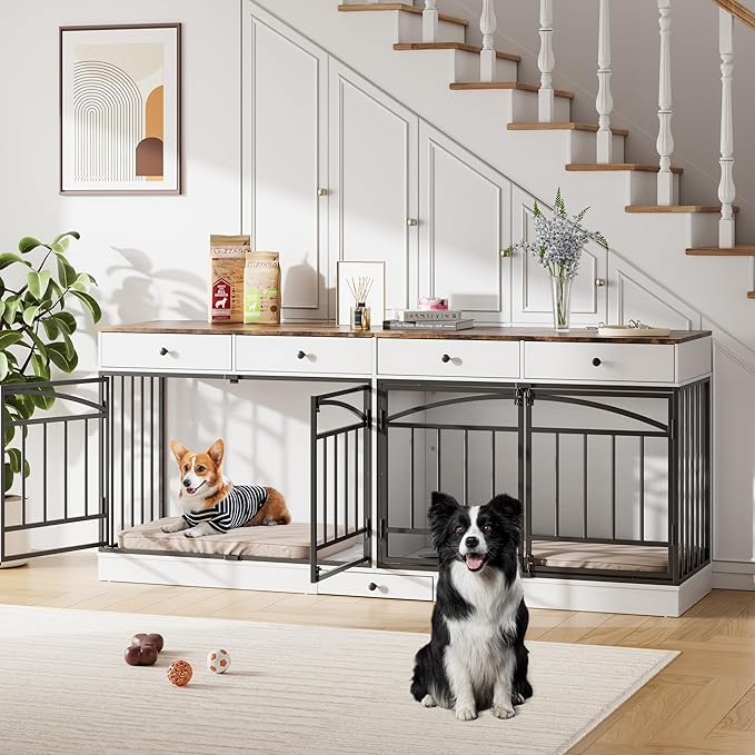 GarveeHome Dog Crate Furniture for 2 Dogs, Dog Kennel Indoor with 4 Storage Drawers and Feeding Bowls, Double Dog Crate TV Stand for Small Medium Dogs, White