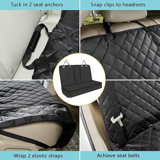 SNZ Waterproof Dog Car Seat Cover for Back Seat, Pet Seat Protector with Non-Slip Backing & Fashion Pattern, Fits Cars Trucks SUVs Universal Bench Seat Cover Incidentally Dog Seat Belt 3 Piece Set