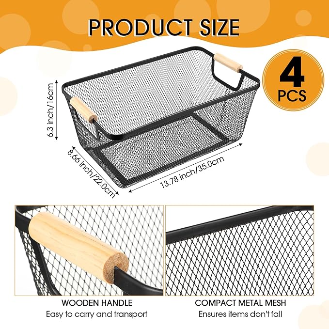 4 Pcs Metal Wire Basket with Wooden Handles Mesh Steel Storage Organizer Bin Containers for Home Organizing Cabinet Pantry Closet Kitchen Fridge Fruit Makeup Snacks Gifts(Large,Black)