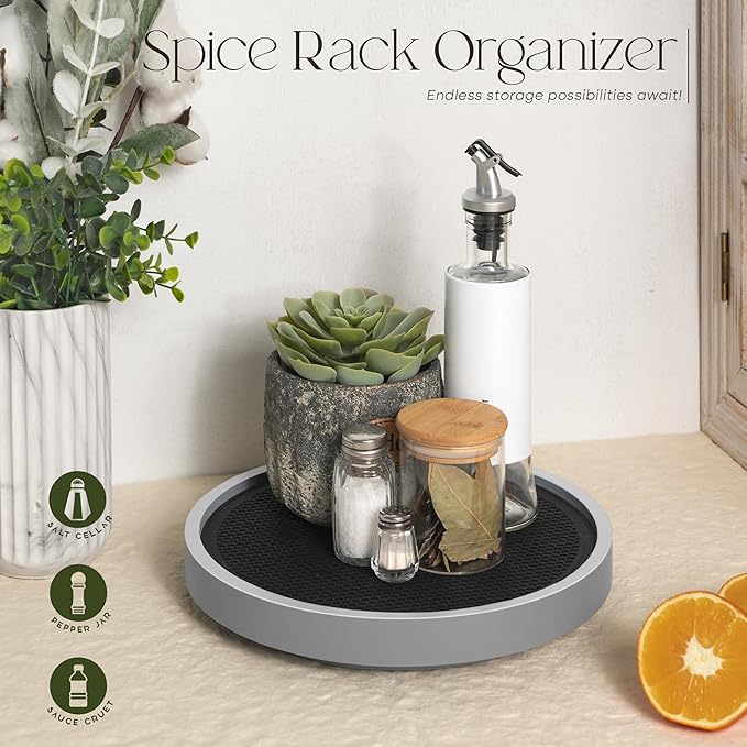 EOSAHR Farmhouse Non-Skid Wooden Lazy Susan for Countertop – 10.5" Lazy Susan Organizer as Spice Rack & Bathroom Counter Organizer with Rubber Mat - Perfect for Kitchen Counter Tray (Gray)