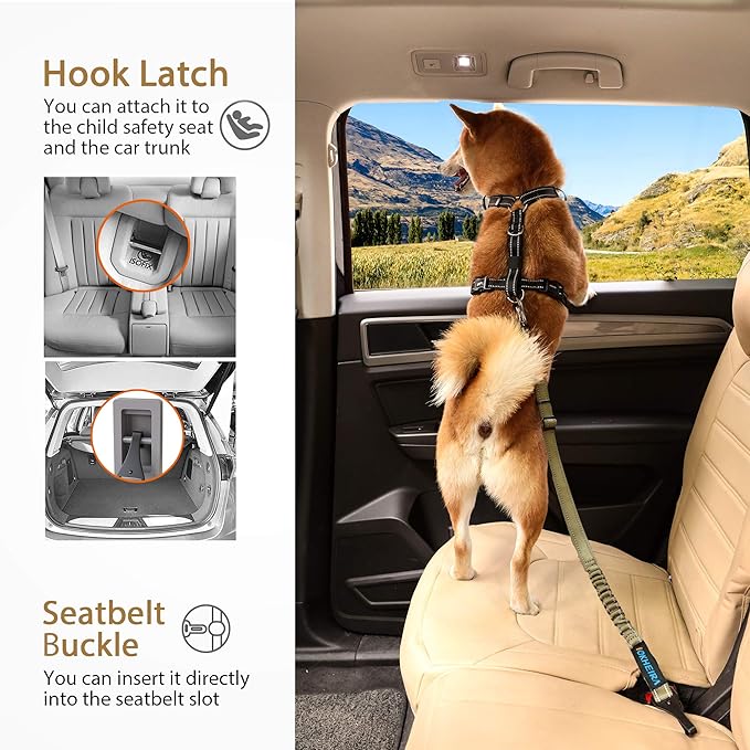 IOKHEIRA Dog Seatbelt – Reflective Bungee Harness with Swivel Aluminum Carabiner (Green)
