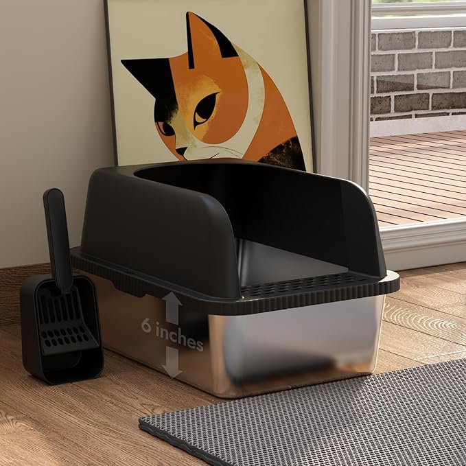 Stainless Steel Cat Litter Box with Lid, 20" L x 14.2" W x11.8 H, Large Cat Litter Box for Multiple Cats with High Sided, No-Leak & Stick, Easy to Clean, Includes Litter Mat & Multi Functional Scoop