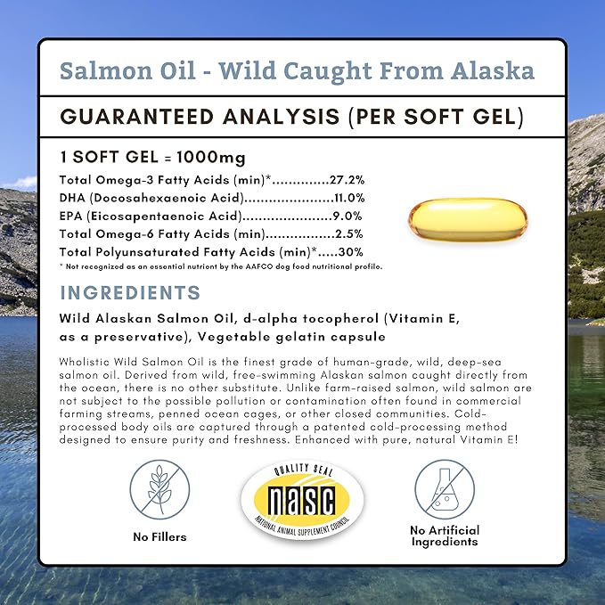 Wholistic Pet Organics Wild Alaskan Salmon Oil for Dogs and Cats - Omega 3 Fish Oil for Dogs & Cats - Cat & Dog Skin and Coat Supplement, Heart and Joint Health - DHA, EPA Omega 3 6 9-500 Soft Gels