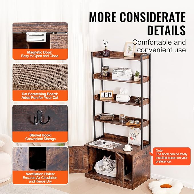 VEVOR Cat Litter Box Enclosure, Hidden Cat Box Furniture with 4 Storage Shelves, Large Cats House Cabinet Hidden Fit Most Litter Box, Wooden Cats Washroom Indoor, 33.5"L x 19.3"W x 72.3"H, Dark Brown