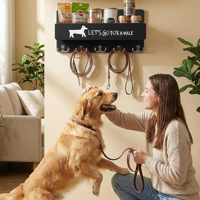 Wood Dog Leash Holder for Wall, Key Hangers with 5 Double Key Hooks, Dog Leash Hanger Wall Mounted for Entryway, Farmhouse Treats,35cm,Black