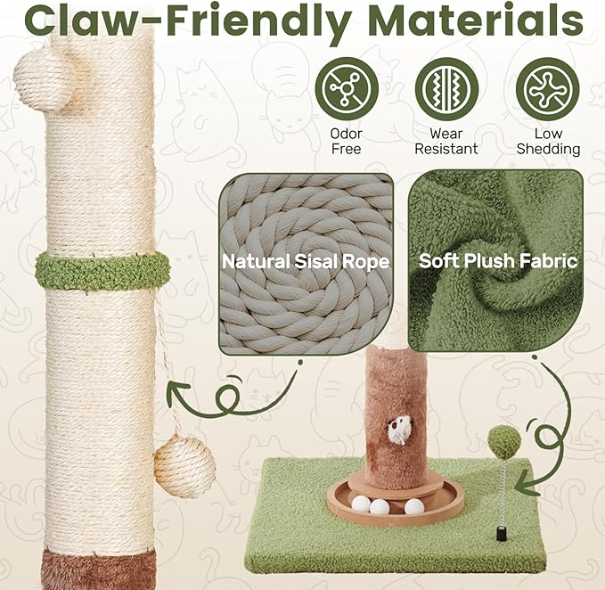 35.4" Tall Large Cat Scratching Post, Indoor Kitten Vertical Sisal Rope Scratcher Pole with Modern Aesthetic Leaf and Toy, Heavy Duty Stable Base with Multifunctional Interactive Ball Track