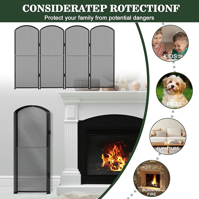 4-Panel Fireplace Screen, 47.8" W x 31" H Foldable Wrought Iron Fire Spark Guard, Decorative Metal Mesh Fireplace Cover for Living Room, Fire Cover for Baby,Pet Proof Safety Gate Black