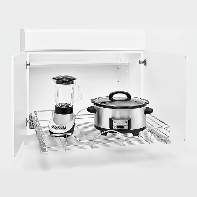 Rev-A-Shelf Single Steel Pullout Organizer for Base Kitchen/Bathroom Cabinets, Wire Storage Basket w/Soft-Close, Chrome, 32.5 x 21.74 In, 5730-33CR