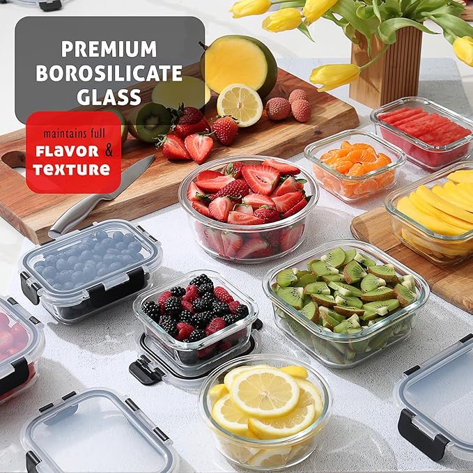 EATEX 24pc Glass Storage Containers with Lids, 12 Set Glass Food Storage Containers with 12 Airtight Lids, Pantry Kitchen Meal Prep Containers for Lunch, Freezer Storage Containers, Oven Safe