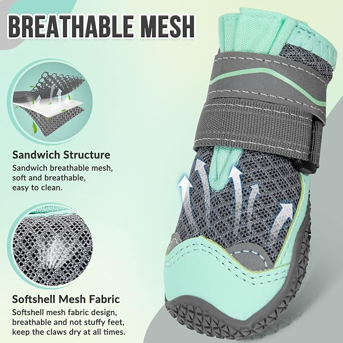 SlowTon Dog Shoes for Large Small Medium Dogs - Breathable Dog Boots for Summer Hot Pavement, Paw Protector for Outdoor Walking Winter Snow, Anti-Slip Rubber Dog Booties for Hardwood Floor (Green, 6)