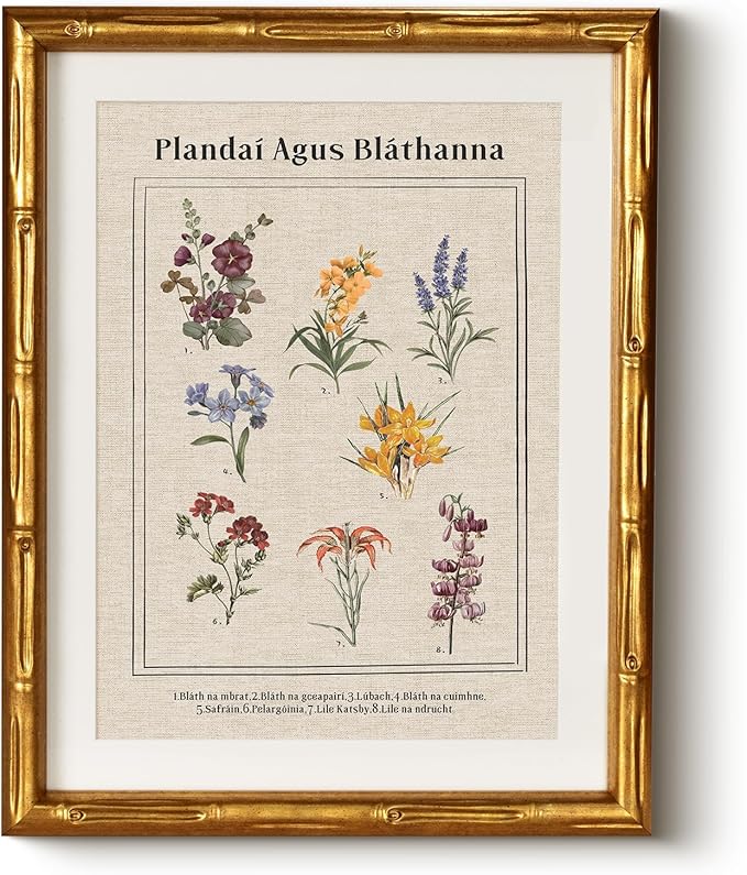 Vintage Botanical Wall Art Antique Style Plant Illustration 11x14, Gold Bamboo-Textured Framed Canvas Floral Print Acrylic Cover, Classic Natural History Artwork Room Bedroom Study Home Decor