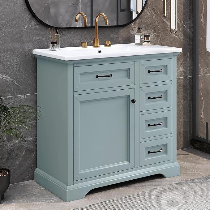 Christopher Knight Home 36" Bathroom Vanity with Ceramic Sink, Wooden Bathroom Vanity Organizer, Bathroom Storage Cabinet, Pedestal Sink Storage Cabinet, Adjustable Door Shelves+Drawer, Green Grey