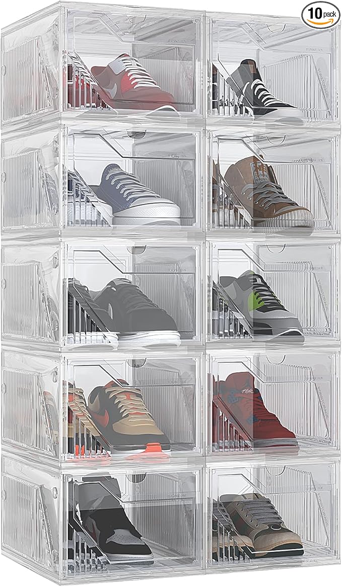 AWTATOS Shoe Boxes with Magnetic Door, Stackable Shoe Storage Organizer with Lids, Folding Shoe Rack for High Heels, Thickened Sneaker Storage Container, 10 Pack, Clear