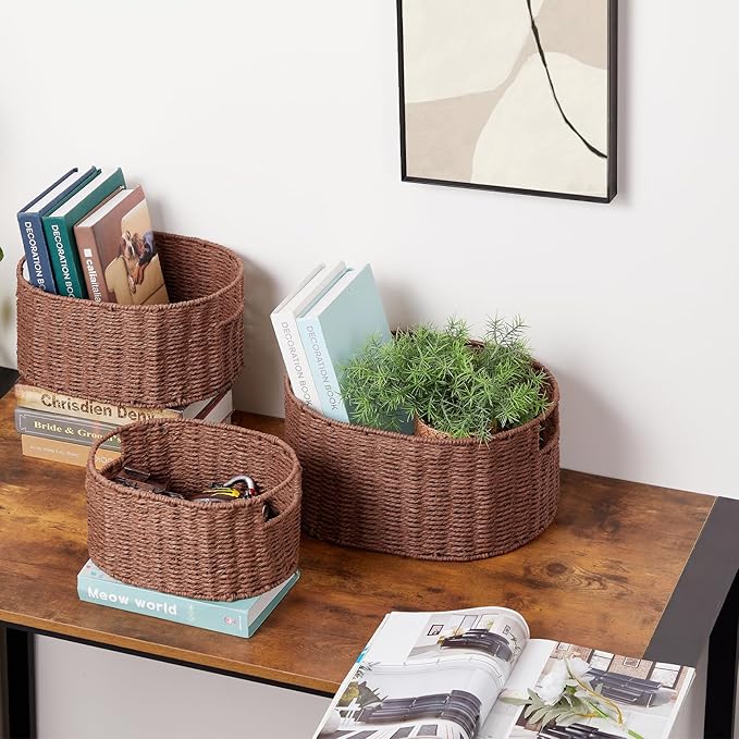 Vagusicc Wicker Storage Basket, Set of 3 Hand-woven Storage Baskets for Organizing, Round Large Wicker Baskets for Storage Decor, Pantry Storage Cubes Organization Baskets for Shelves, Brown