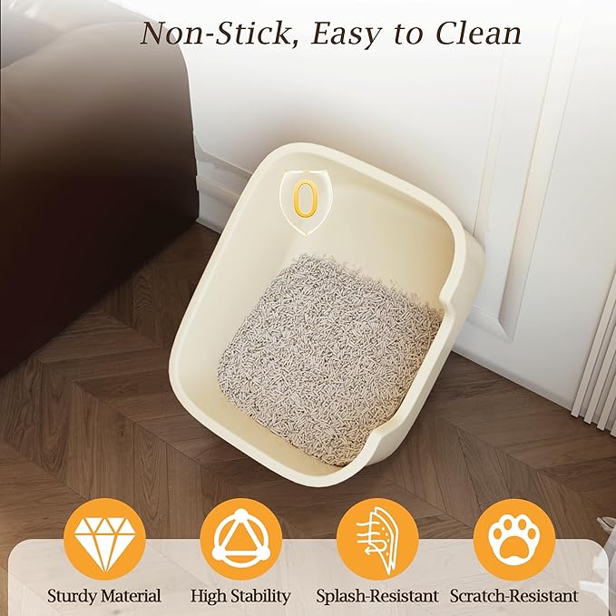 Large Cat Litter Box with High Sides, Side Entry Open Top Deep Tall Litter Pan, Kitty Litter Box for Indoor Small and Medium Cats, Creamy White (Anti-Splashing) 19.7" L x 15.4" W x 8.6" H