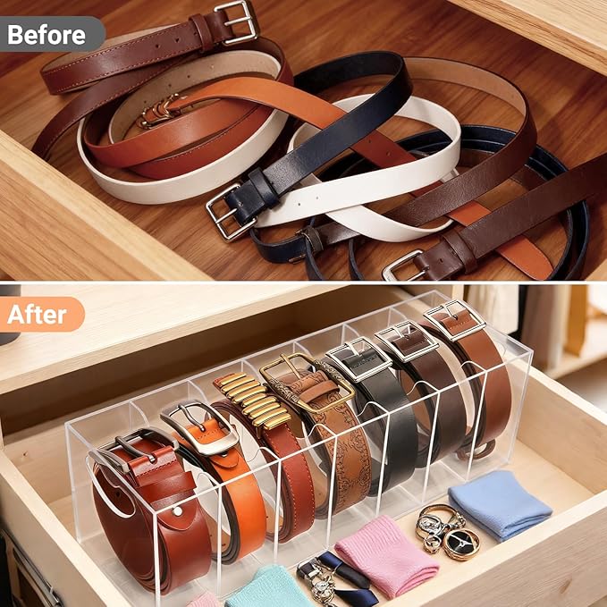 Belt Organizer, Acrylic Belt Racks, 7 Compartments Belt Container Storage Holder, Clear Belt Display Case for Closet Tie and Bow Tie
