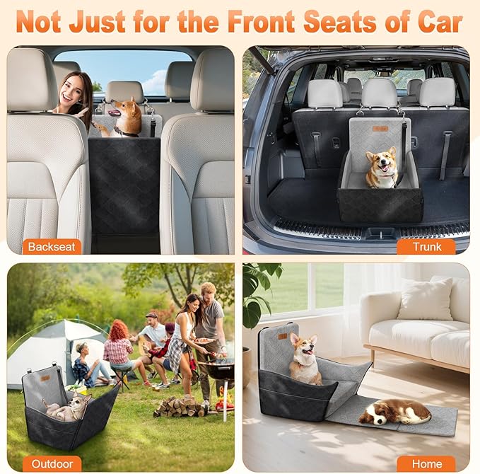 Elevated Dog Car Seat, Dog Booster Car Seats for Small & Medium Breeds Up to 35lbs, Fully Detachable and Washable, Memory Foam Pet Carseat with 2 Storage Pockets & 3 Safety Belts, Black & Gray