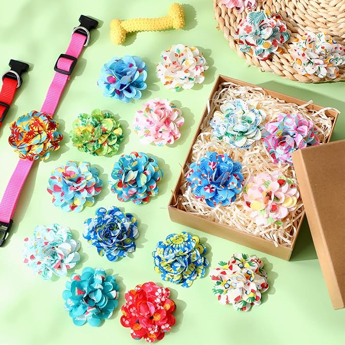 50 Pcs Summer Flowers for Dog Collars Bulk Hawaiian Dog Flower Collar Accessory Pet Bow Ties for Puppy Cat Grooming Charms Accessories Summer Fruits Beach Party Costume