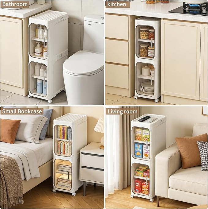Narrow Storage Cabinet Slim Bathroom Storage Cabinet with Movable Wheels Tall Bathroom Organizer Skinny Cabinet for Small Spaces，2-Tier White