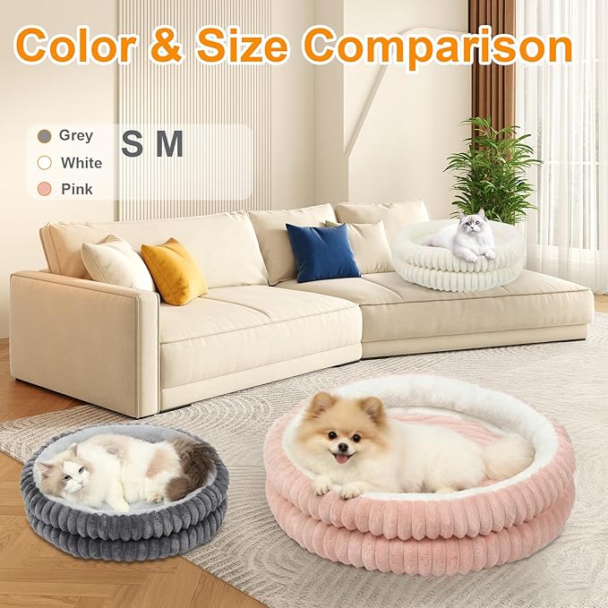 Washable Round Donut Dog Bed,Cat Beds for Indoor Cats,Fluffy Puppy Dogs Beds for Small Dogs with Anti-Slip Bottom(Pink,M)