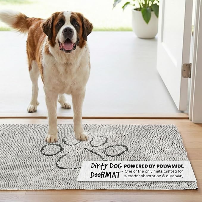 Dog Gone Smart Dirty Dog Doormat - Fast Drying Plush Mat with Super Gripper Backing for Clean Floors - Super Absorbent and Machine Washable Mat for Muddy Paws - Silver Grey