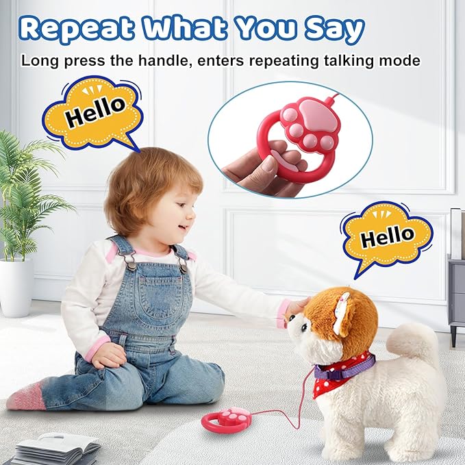 Pomeranian Walking Dog Toy for Girl Licking Barking Dog with Control Leash, Interactive Repeat What You Say, Talking Singing Robot Tail Wag Electric Pretend Dress Up for Kid
