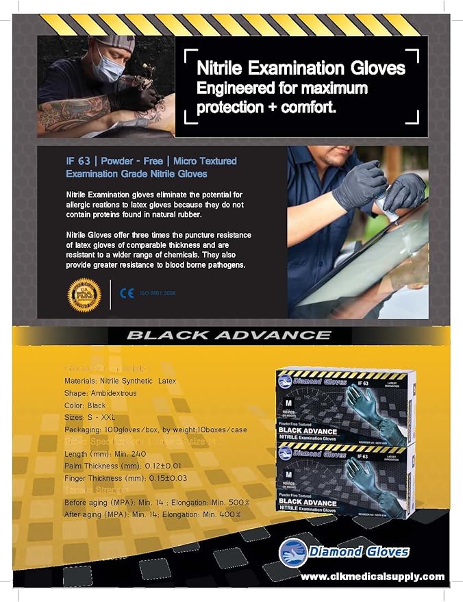 Black Advance Nitrile Examination Powder Free Gloves, Black, 6.3 mil, Heavy Duty, Medical Grade, 100/box by Diamond Gloves