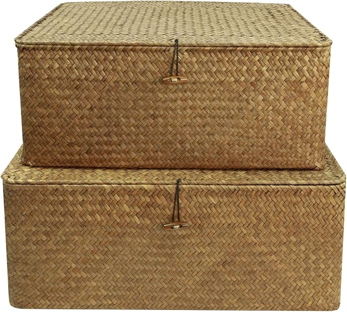 Shelf Storage Baskets with Lid, 2-Pack Wicker Storage Basket, Woven Seagrass Decorative Boxes, Coffee XXLarge+XXL