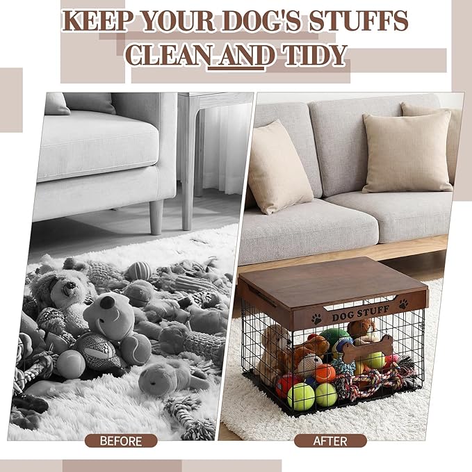 Dog Toy Bin Basket with Lid, 15.4'' Large Metal Dog Toy Storage Box with Bone Handle, Organizer Chew for Living Room, Farmhouse Food Storage Organizer for Leash Chew Blankets Clothes(Brown)