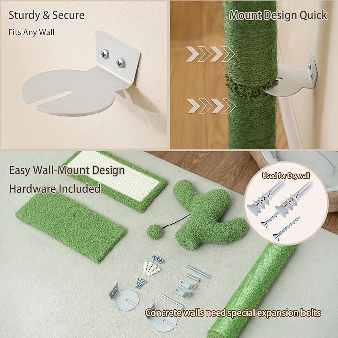 Wall Mounted Cat Scratcher with Jump Platform – Tall, Stable Cat Wall Furniture with Sisal Post for Climbing and Scratching – Cactus Design for Indoor Cats