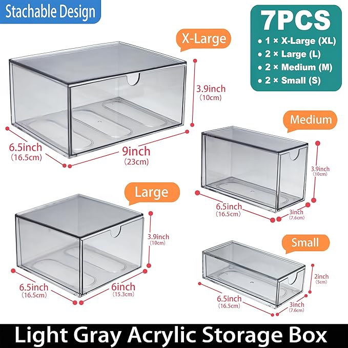 7 Pack Acrylic Makeup Organizer Clear Stackable Storage Drawers Tall Acrylic Bathroom Makeup Organizer for Cosmetic,Beauty Supplies,Ideal for Vanity, Undersink,Cabinet,Desk Home Organization