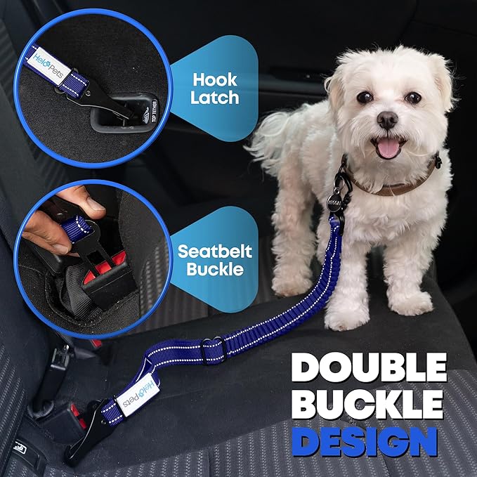 Dog Car Seat Belt 3-in-1 Adjustable Safety Seatbelt for Dogs in Car – Durable Extra Thick Nylon Webbing Bungee with Hook & Buckle Latch, Reflective Dog Harness (Blue).