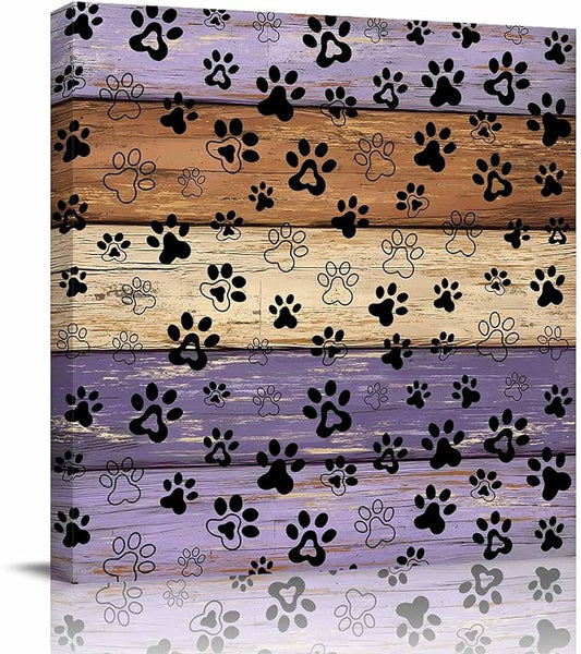 Framed Canvas Wall Art for Living Room Dog Paw Print Wall Decor, Retro Brown Purple Wood Grain Aesthetic Paintings for Bedroom Office Kitchen Bathroom, Ready to Hang Artwork Wall Pictures 8x8 Inch