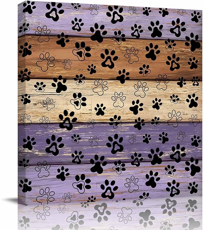 Framed Canvas Wall Art for Living Room Dog Paw Print Wall Decor, Retro Brown Purple Wood Grain Aesthetic Paintings for Bedroom Office Kitchen Bathroom, Ready to Hang Artwork Wall Pictures 16x16 Inch