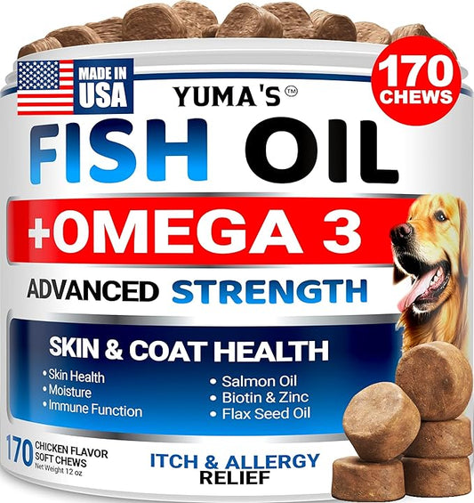 Omega 3 Fish Oil for Dogs - 170 Chews - Skin and Coat Supplement - Omega 3 for Dogs - Dry & Itchy Skin Relief Treatment - Allergy Support Dog Anti Shedding Treats - Salmon - EPA & DHA - Chicken Flavor