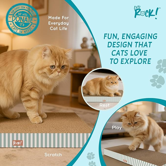 Cats Rock Scratching Board for Indoor Cats, Corrugated Cardboard Cat Scratcher with Catnip, Double-Sided Scratch Pad, Rectangle Scratcher Icon and Squares Design (Pack of 2)