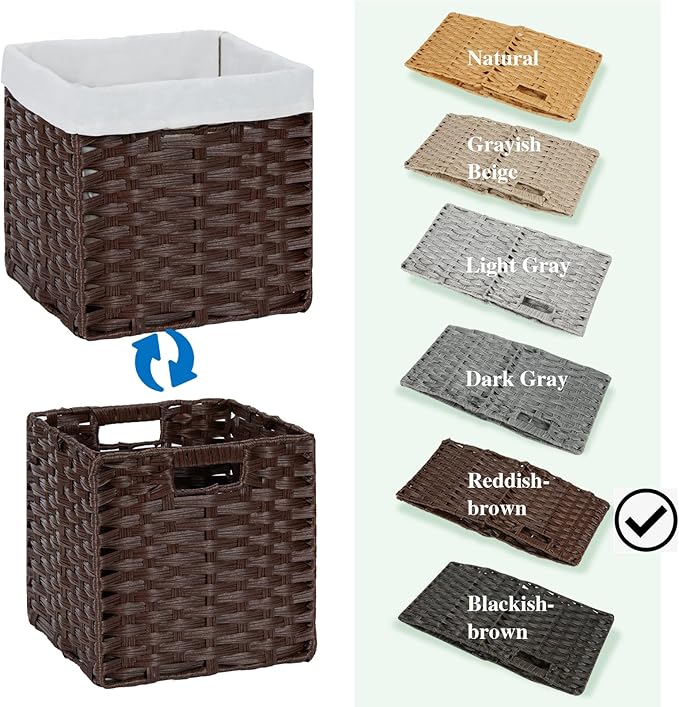 Bidtakay Wicker Storage Baskets with Liners 11x11 Storage Cube Bins for Organizing Imitation Rattan Woven Baskets 2-Pack Woven Storage Baskets with Handles for Pantry-Reddish Brown