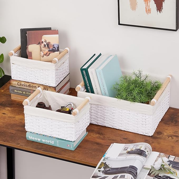 Vagusicc Wicker Storage Basket, Set of 3 Hand-woven Storage Baskets for Organizing, Large Cube Storage Organizer Baskets Bins with Handles for Shelves Decor, Small Toilet Paper Storage Basket, White