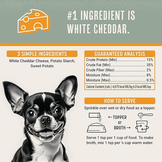 Flavors Food Topper for Dogs, Delicious Seasoning for Dog Food, Natural, Grain-Free Kibble Seasoning and Treat Mix for Picky Dogs and Puppies, White Cheddar Recipe, 3.1-Ounce