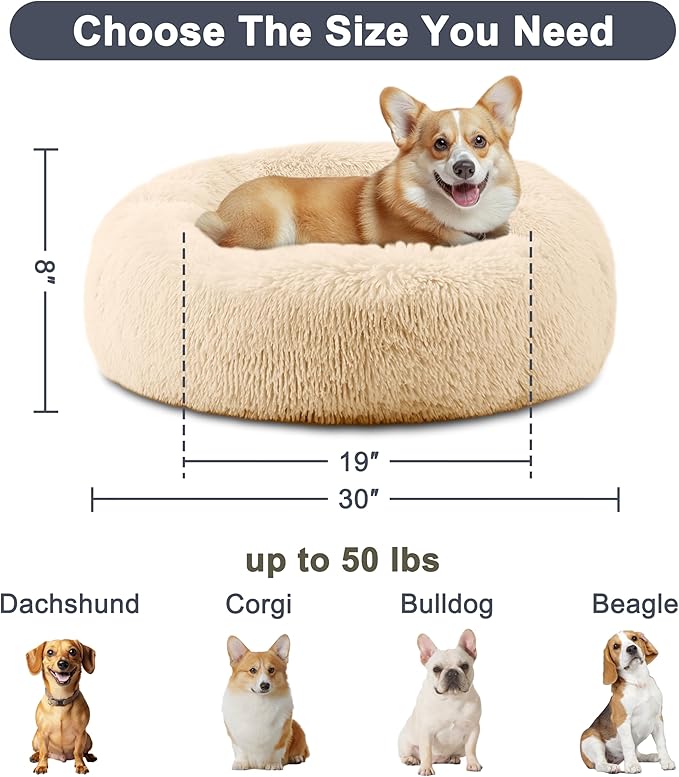 ELSKER&HOME Calming Dog Bed,Donut Washable Warming Soft Round 30 inches Dog Beds for Medium Dogs,Anti-Anxiety Fluffy Plush Cushion Bed Fits up to 50 lbs Pets,Apricot