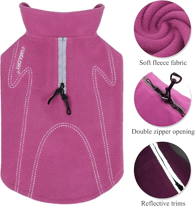 VIVAGLORY Dog Fleece Coat Warm Jacket with Hook and Loop Fastener, Easy to Take on and Off, Winter Vest Sweater for Small Medium Large Dogs Puppy Windproof Clothes for Cold Weather, Fuchsia, XL