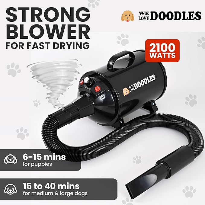 We Love Doodles Dog Dryer with Adjustable Speed & Temperature Control - High Velocity Hair Dryer, Pet Blow Dryers for Dogs, Blow Dry Quickly & Blow Out Undercoat - Pet Grooming (Black)